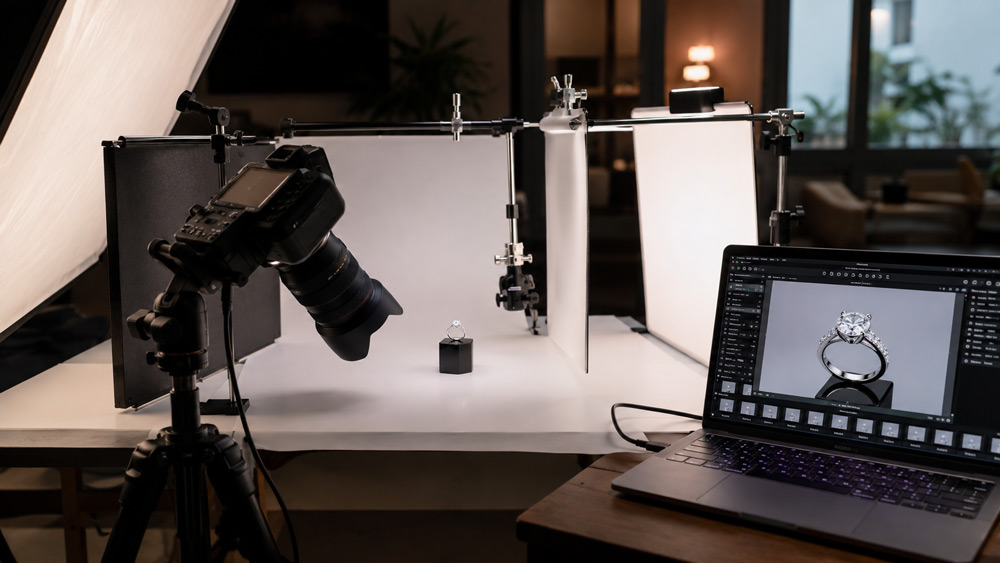 Professional macro jewellery photography setup with softbox diffusers cross polarised lighting and tethered laptop displaying a sharp diamond ring in a Delhi studio
