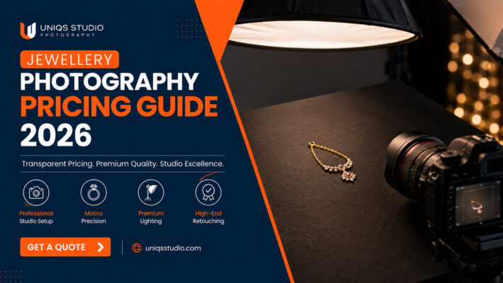 WordPress featured banner showing a behind-the-scenes Indian jewellery photography studio with a realistically sized 22K gold necklace on a dark reflective surface, macro camera setup, softbox lighting, and pricing guide 2026 branding.