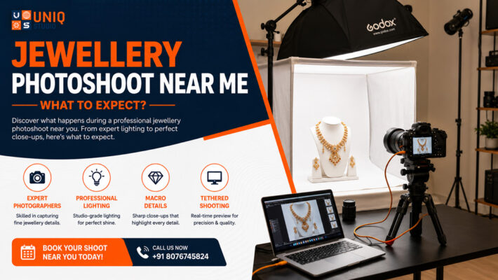 Professional jewellery photoshoot studio setup with tethered macro photography, light tent, softbox lighting, and ecommerce product photography workflow.