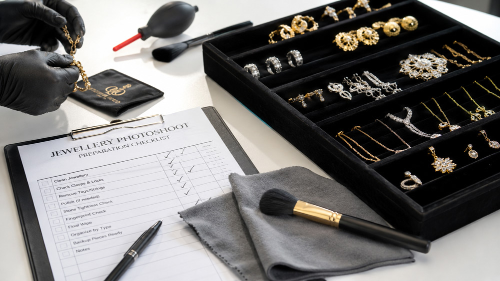 Pre-shoot preparation checklist for jewellery photoshoot near me in Delhi NCR showing microfibre cloth soft brush inventory sheet and velvet tray with gold and silver pieces