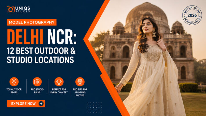 Young Indian female model in a cream ethnic outfit posing in front of an ancient tomb at Lodhi Garden Delhi during golden hour with editorial split infographic promoting the best outdoor and studio photography locations in Delhi NCR for 2026.