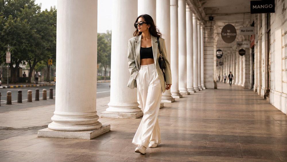 Cinematic editorial fashion photograph of a young Indian female model in a flowy cream ethnic outfit posing gracefully in front of an ancient tomb at Lodhi Garden Delhi during golden hour with warm sunlight and soft bokeh