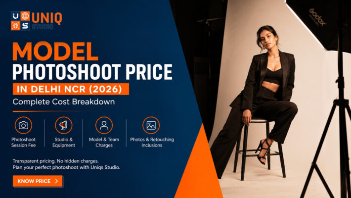 Split infographic showing an Indian model portfolio photoshoot in a professional ecommerce studio with softbox lighting and a complete 2026 model photoshoot price breakdown for Delhi NCR by Uniqs Studio.