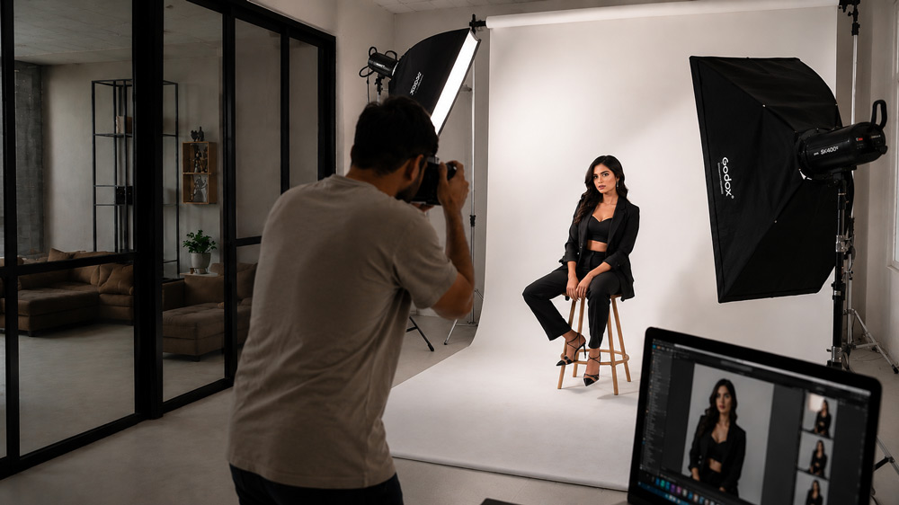 Editorial fashion magazine style photograph of professional Indian model photoshoot in premium Delhi NCR studio with photographer softbox lighting Vogue India aesthetic