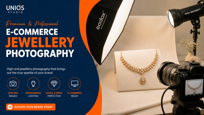 Premium e-commerce jewellery photography setup in Delhi NCR featuring a professional BTS studio with Godox softbox lighting, macro camera, and a gold diamond necklace on an ivory backdrop.