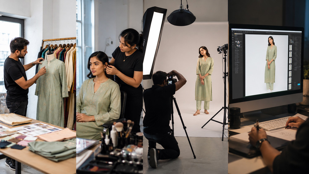Professional fashion photography studio process from styling to final edited product image in Delhi