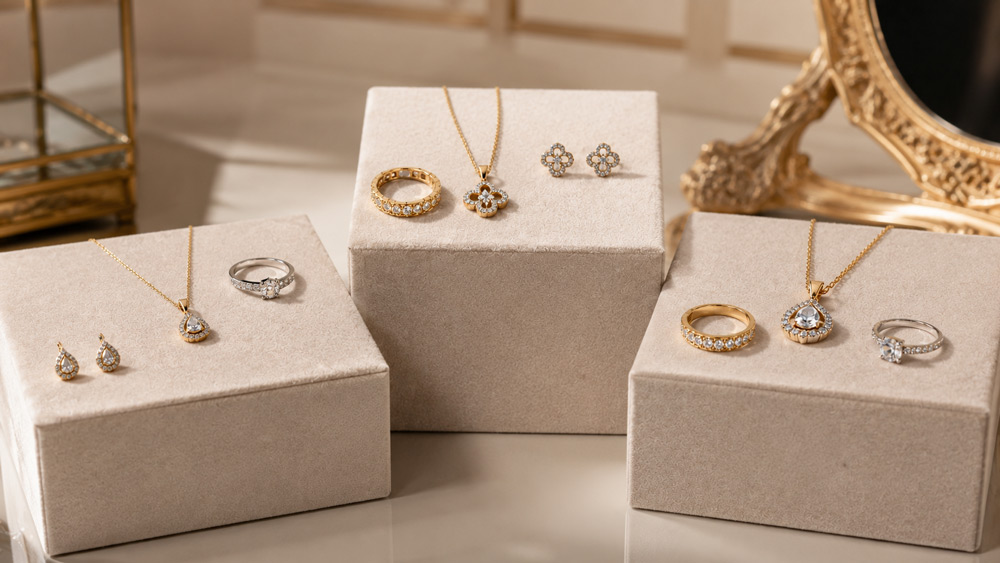 Jewellery photography packages and pricing tiers for Delhi NCR sellers showing three risers with rings pendants and necklaces on champagne background