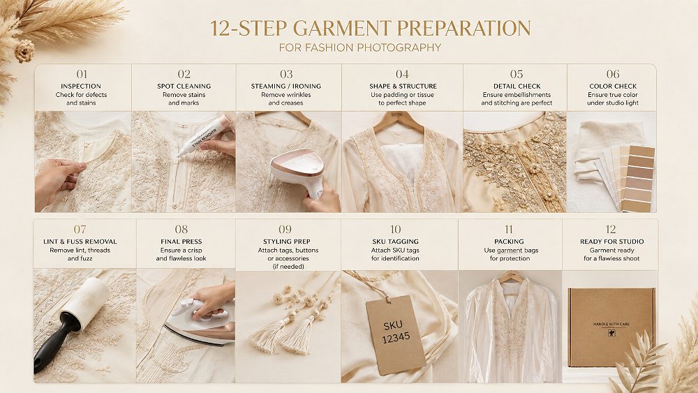 Behind the scenes of 12-step garment preparation for fashion photography checklist for Indian clothing brands showing