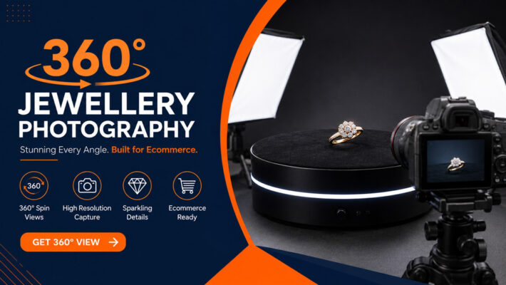 Premium 360° jewellery photography setup with a diamond ring on a black velvet motorized turntable, soft studio lighting, DSLR camera, and ecommerce spin video production banner.