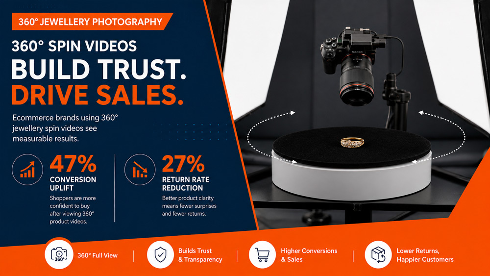 Infographic style luxury jewellery photography showing 47 percent conversion uplift and 27 percent return rate reduction for ecommerce brands using 360 degree spin videos