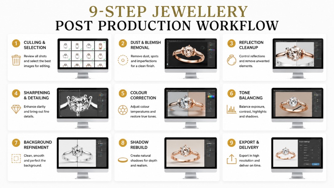 Uniqs Studio 9-step jewellery post production workflow infographic showing culling, dust removal, reflection cleanup, sharpening, colour correction, tone balancing, background, shadow rebuild and export