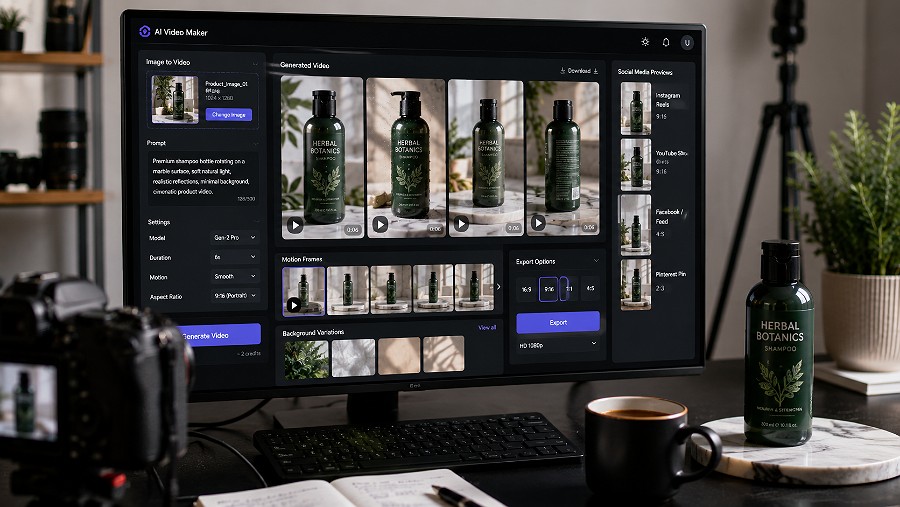 Modern AI ecommerce video maker workflow displayed on a large monitor with a clean product packshot uploaded into an image-to-video interface, generated rotation frames, background variations, prompt controls, aspect-ratio exports and social-video thumbnails arranged beside the original physical product, realistic commercial lighting, indian standard ecommerce photography & videography studio