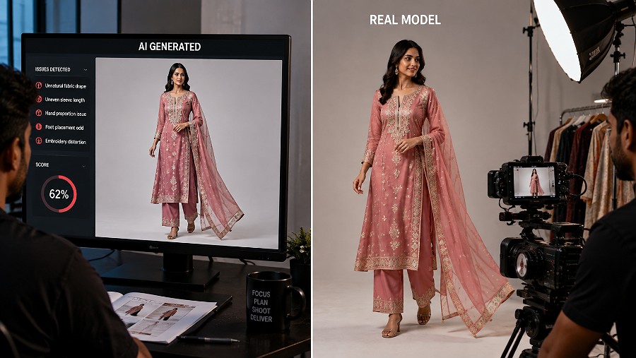 Side-by-side fashion ecommerce comparison of the same Indian ethnic outfit on an AI-generated model and a real human model, synthetic side showing subtle drape, hand and proportion inconsistencies while the real side shows natural fabric fall, accurate sleeve length, embroidery placement, body interaction and realistic movement, indian standard ecommerce photography & videography studio