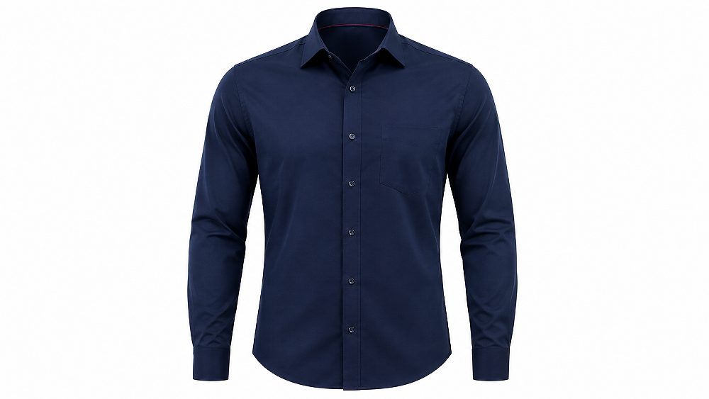Behind the scenes of amazon India compliant apparel hero image on pure white RGB 255 255 255 background showing a navy