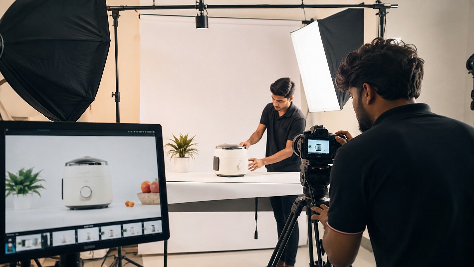 Behind the scenes of professional Amazon listing product video production scene with a consumer product being filmed