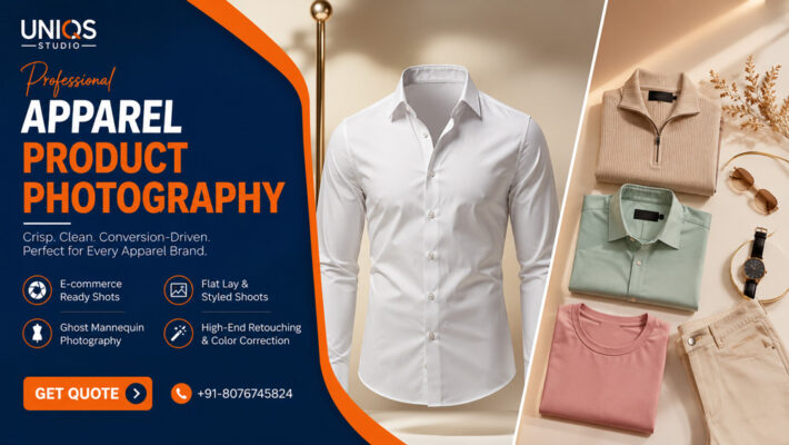 Editorial split-frame apparel product photography layout showing ghost mannequin white shirt on left and flat lay of folded pastel garments with accessories on right, ivory seamless backdrop, soft directional key light, champagne gold accent lighting, magazine-grade Vogue-style composition shot on Hasselblad H6D, ultra-sharp 8k premium apparel product photography setup at Uniqs Studio Delhi NCR