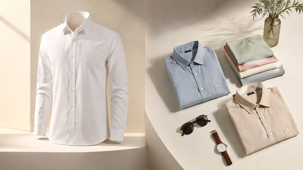 Editorial apparel product photography setup showing ghost mannequin shirt and flat lay clothing on ivory backdrop at premium Delhi NCR studio with soft directional lighting