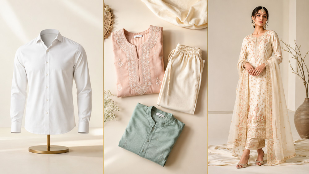 Three-column apparel product photography comparison showing ghost mannequin white shirt flat lay pastel garment and on-model bridal kurta set on ivory backdrop with thin gold dividers editorial fashion magazine style high-key studio lighting