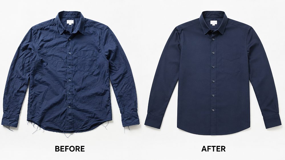 Behind the scenes of before and after comparison for garment preparation for fashion photography showing a wrinkled navy