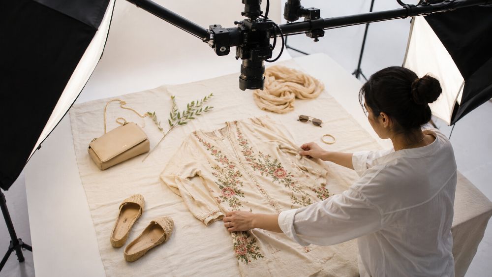 Best flat lay photographer in India shooting clothing brand catalogue in Delhi NCR studio with overhead camera rig and champagne gold lighting