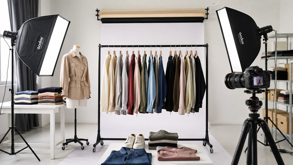 Professional clothing photography studio setup with softbox lighting, ivory seamless backdrop, ghost mannequin shirt and folded apparel — Uniqs Studio Delhi NCR ecommerce catalogue shoot