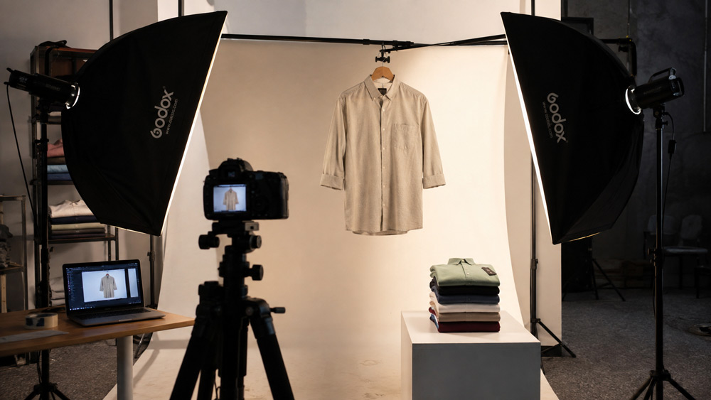 Rack of hanging clothes and folded garments styled for professional ecommerce clothing photography catalogue shoot at Uniqs Studio Delhi NCR