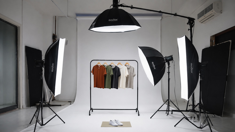 Softbox lighting setup with strip softboxes and octabox illuminating white cyclorama for ecommerce clothing photography — Uniqs Studio Delhi NCR apparel product shoot