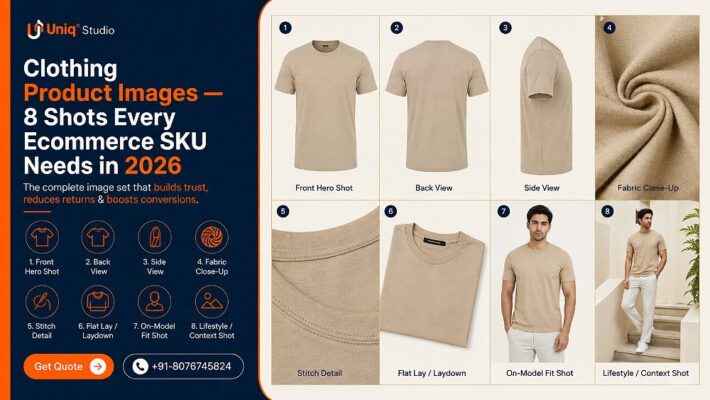Editorial studio grid of eight Clothing Product Images for a single ecommerce apparel SKU showing ghost