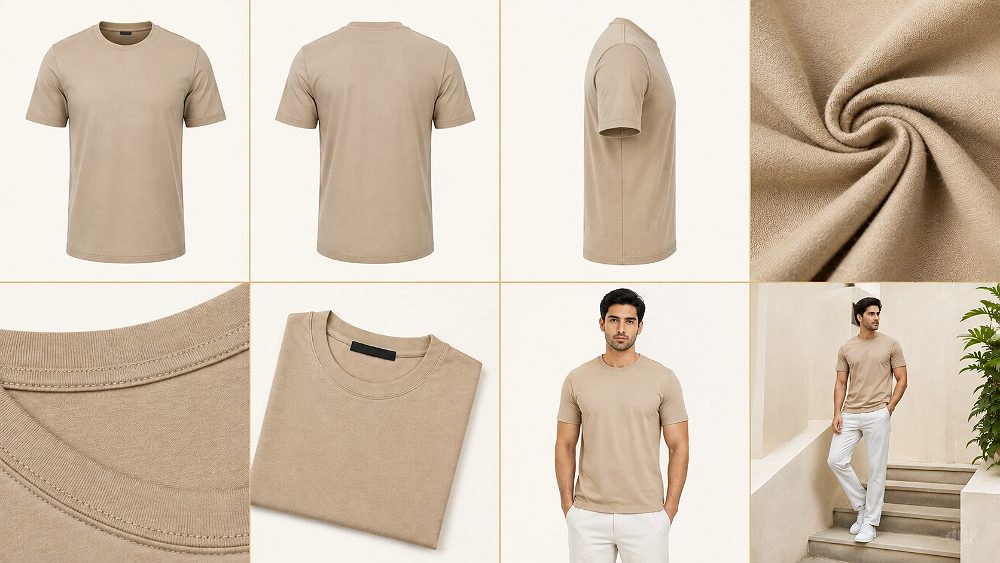 Behind the scenes of editorial studio grid of eight Clothing Product Images for a single ecommerce apparel SKU showing