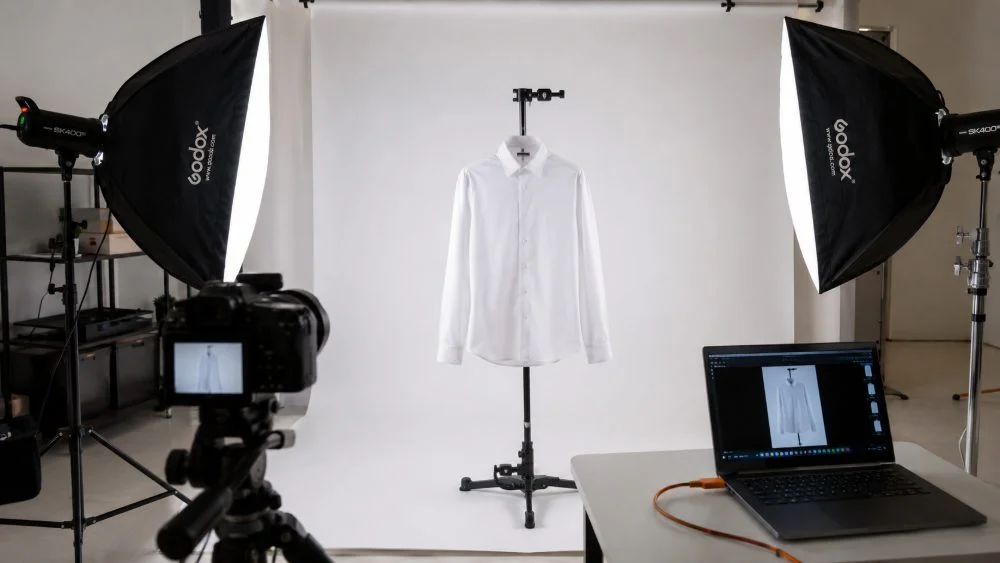 Low cost product photography for meesho studio setup showing a steamed white cotton shirt on a stand in front of a white seamless backdrop, two large softboxes on either side, a camera on a tripod and a tethered laptop displaying the shot