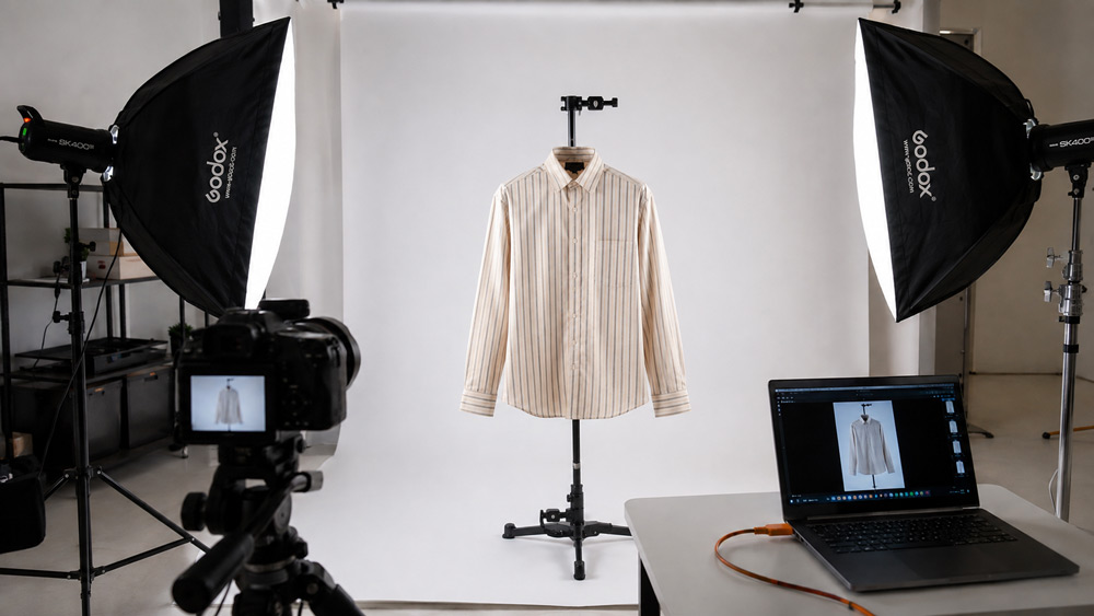 Behind the scenes of professional clothing product photography setup with steamed white cotton shirt on invisible ghost