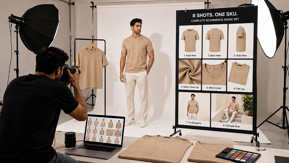 Behind the scenes of -style of the 8-shot garment image set for ecommerce Clothing Product Images showing hero front,