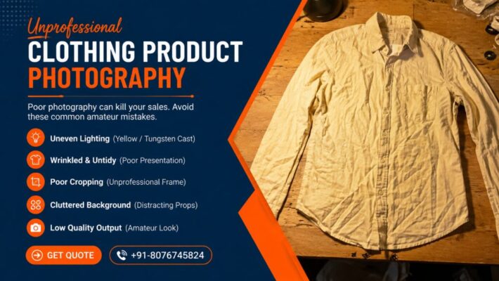 Unprofessional clothing product photography example showing wrinkled cotton shirt with uneven yellow