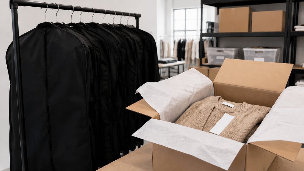 Behind the scenes of clothing sample packing for studio transit as part of garment preparation for fashion photography
