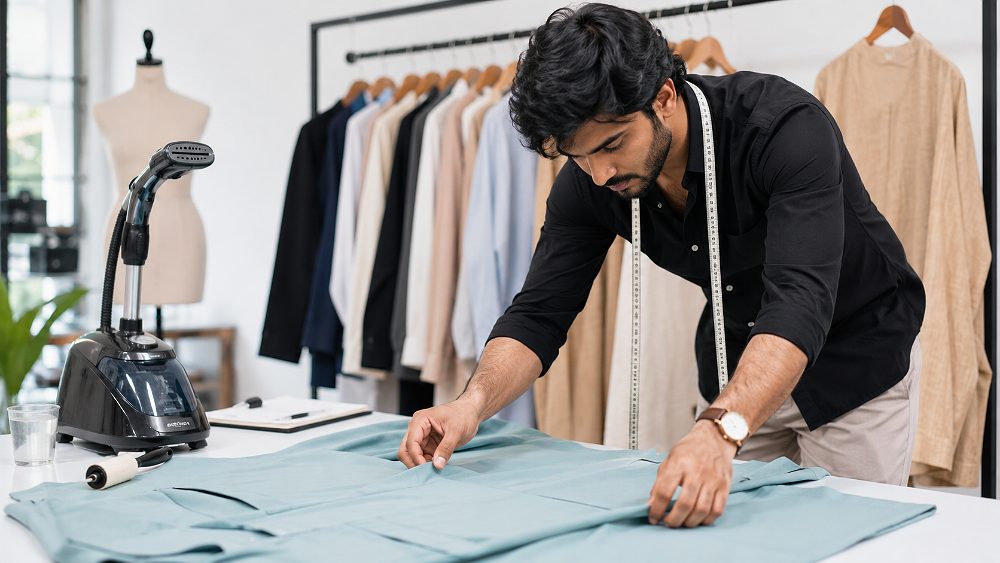 Behind the scenes of clothing sample preparation for fashion photography