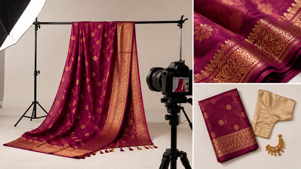 Behind the scenes of draped silk saree photographed at Uniqs Studio Delhi NCR showing full pallu spread, gold zari border