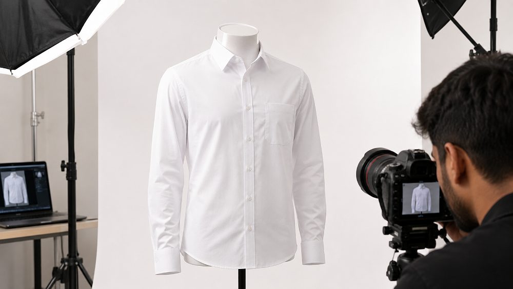 Behind the scenes of formal white shirt photographed on ghost mannequin for ecommerce catalogue showing collar, placket