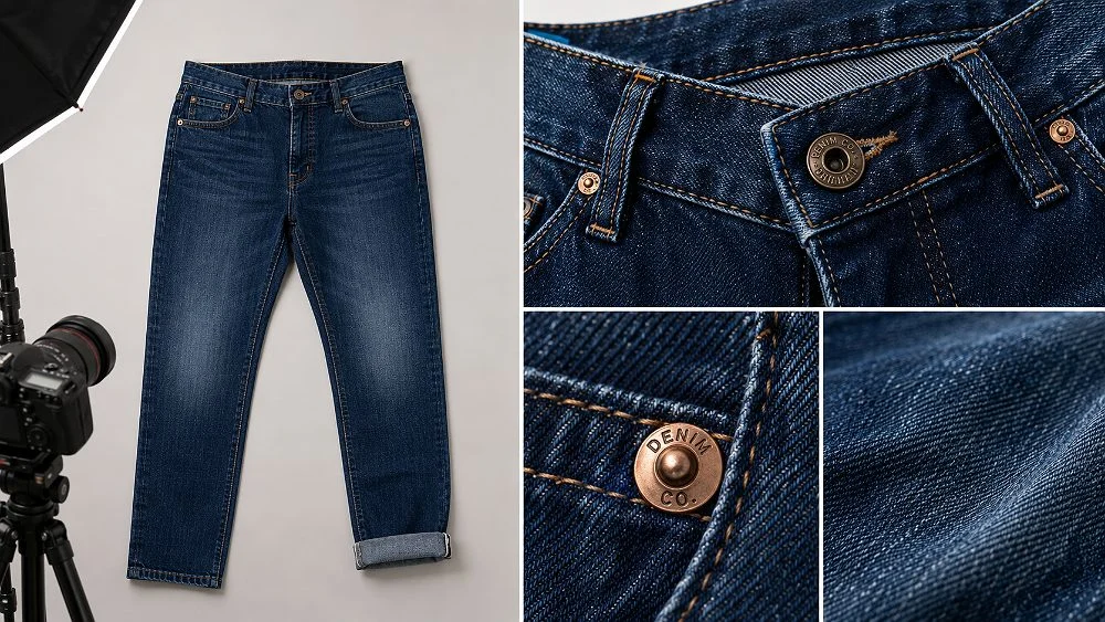 Denim model photoshoot detail composite: dark indigo straight-fit jeans shown full length with rolled hem beside close-ups of the copper rivet, metal shank button and indigo twill weave texture, shot in a white studio with a camera on a tripod