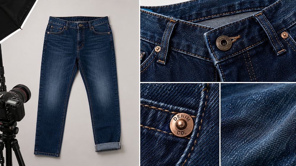 Behind the scenes of indigo denim jeans product photography detail composite showing waistband hardware, rivet macro and