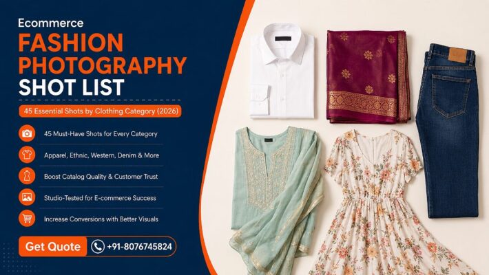 Ecommerce fashion photography shot list flat lay showing shirt, folded saree, denim jeans, kurti with