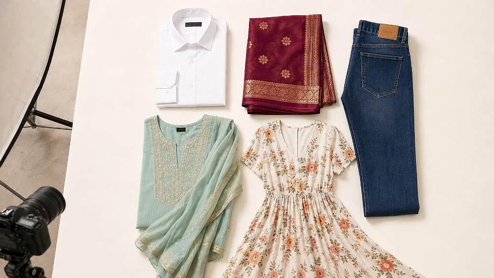 Overhead ecommerce flat lay of a white formal shirt, a folded maroon silk saree, blue denim jeans, a mint kurta set and a floral midi dress arranged on white paper in a bright studio with a camera on a tripod, a planned shot list for a new Meesho supplier catalogue