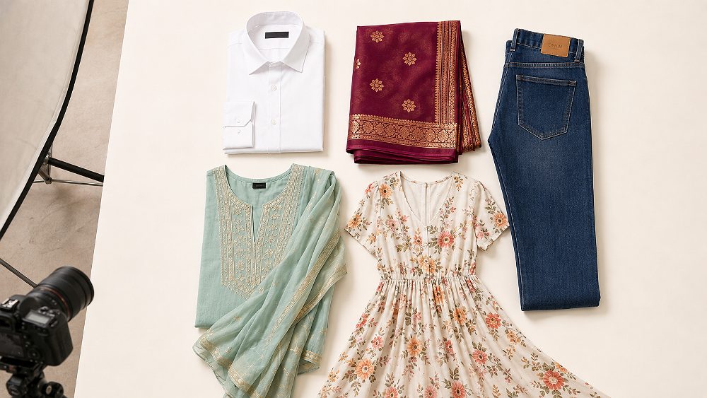 Behind the scenes of ecommerce fashion photography shot list flat lay showing shirt, folded saree, denim jeans, kurti with
