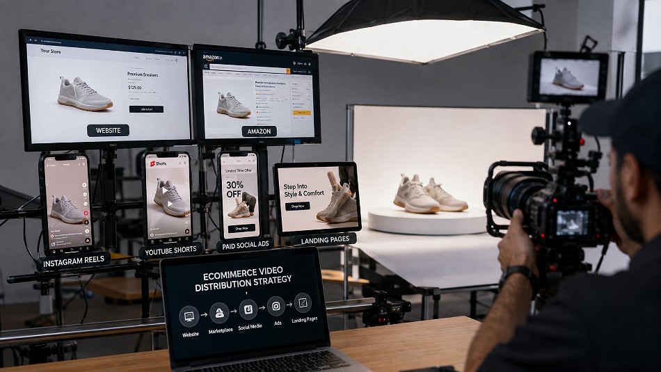 Behind the scenes of ecommerce product video distribution comparing website product pages, Amazon marketplace, Instagram