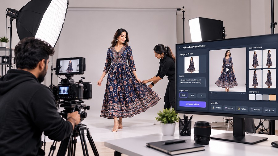 Split-screen premium ecommerce product video comparison with a real Indian fashion model, cinema camera, controlled softbox lighting and accurate garment texture on one side, contrasted with an AI-generated product-video interface and synthetic motion frames on the other, clean editorial composition, indian standard ecommerce photography & videography studio