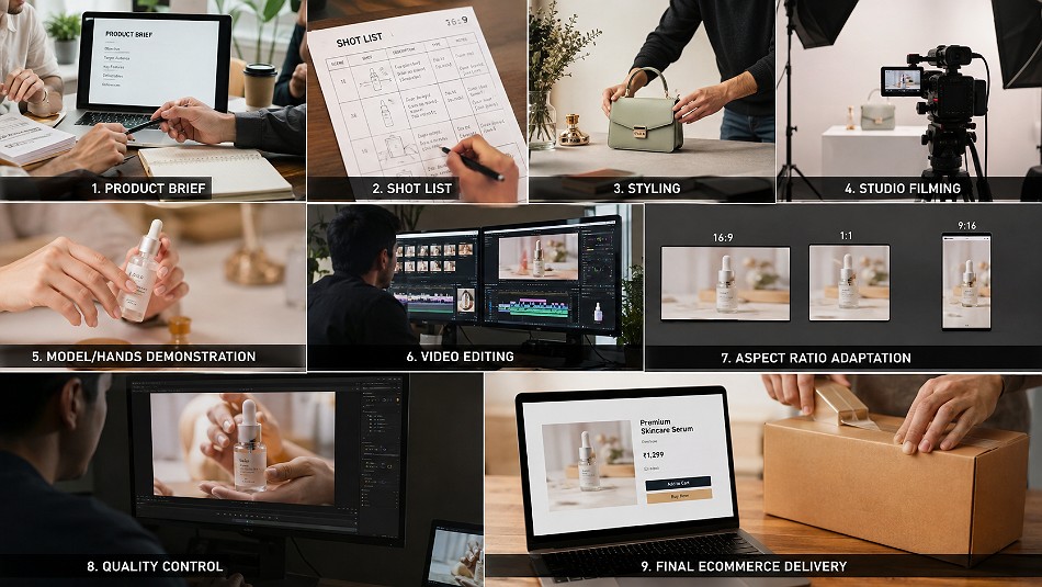 Behind the scenes of step-by-step ecommerce video production workflow showing product brief, shot list, styling, studio