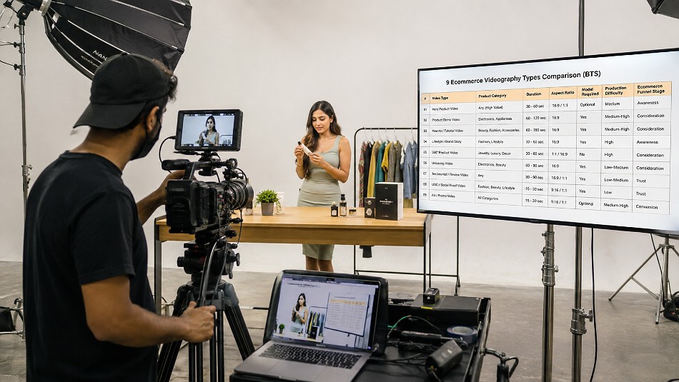 Behind the scenes of editorial comparison showing nine ecommerce videography formats with for product category, video
