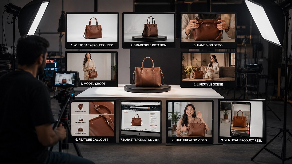Behind the scenes of ecommerce videography production scene showing nine ecommerce product video types around a central