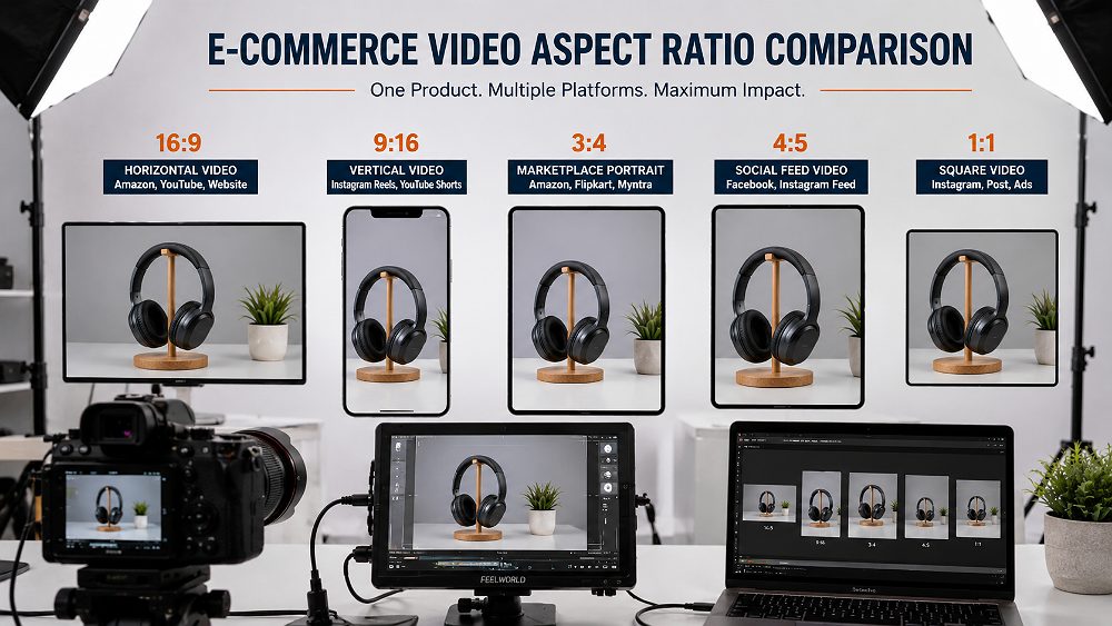 Behind the scenes of ecommerce product video aspect ratio comparison showing the same product framed for 16:9 horizontal
