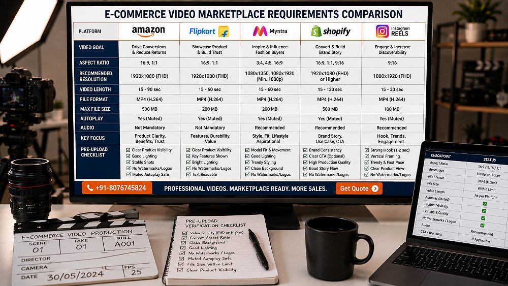 Behind the scenes of ecommerce video marketplace requirements comparison dashboard showing Amazon Flipkart Myntra Shopify