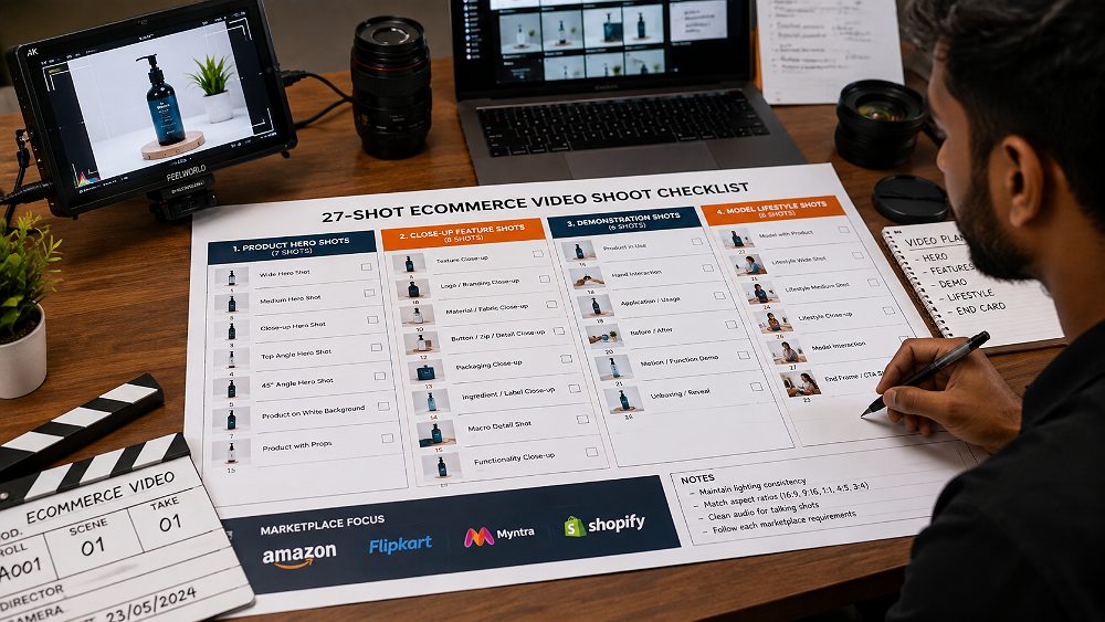 Behind the scenes of visual 27-shot Ecommerce Videoshoot checklist organised into product hero shots, close-up feature